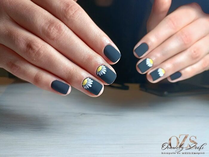 Matte Black Natural Nails With Sunflowers Close-Up Image 