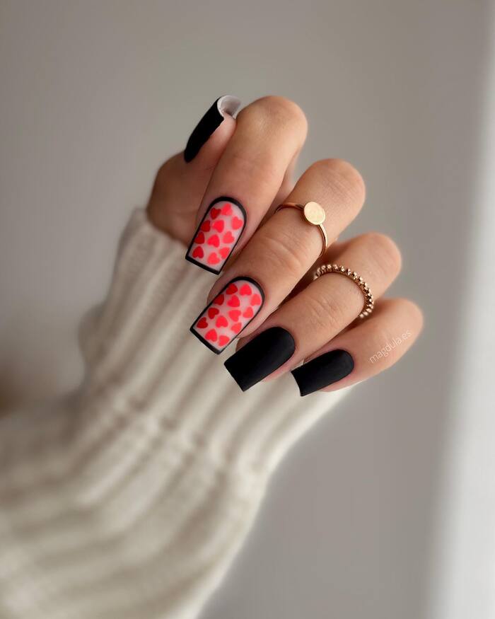 Close-Up Photo of Red And Black Matte Square Nails