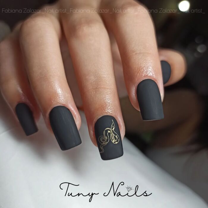 Matte Black Nails With Simple Design Close-Up Image 