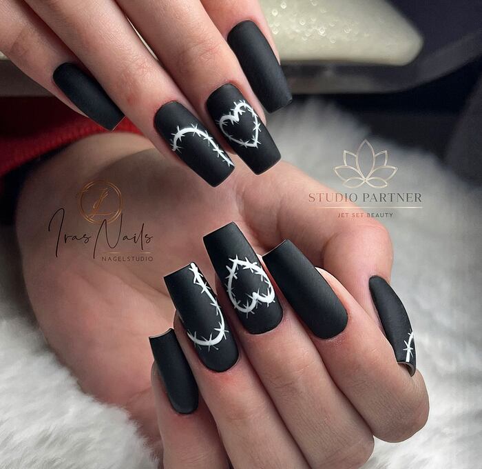 Close-Up Photo of Matte Black Nails With Simple Design