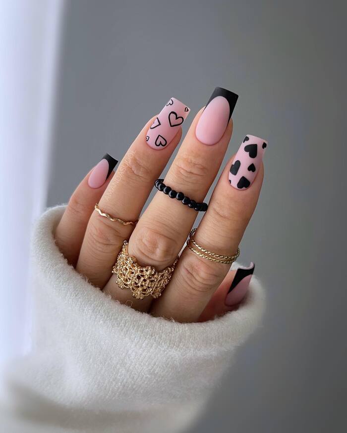 Black And Light Pink Matte Manicure Close-Up Image 