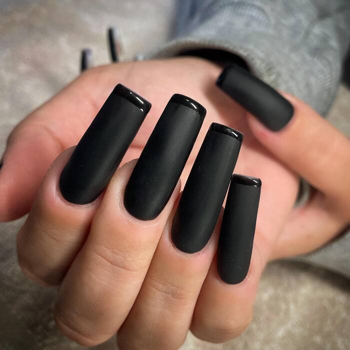 Long Black Matte Nails With Glossy Tips Close-Up Image 