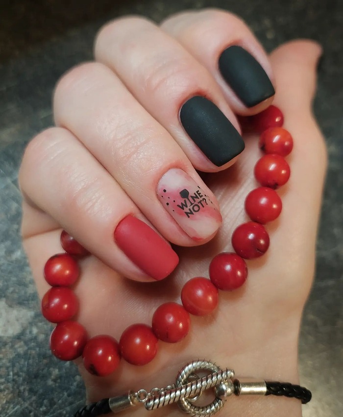 Red And Black Matte Square Nails Close-Up Image 