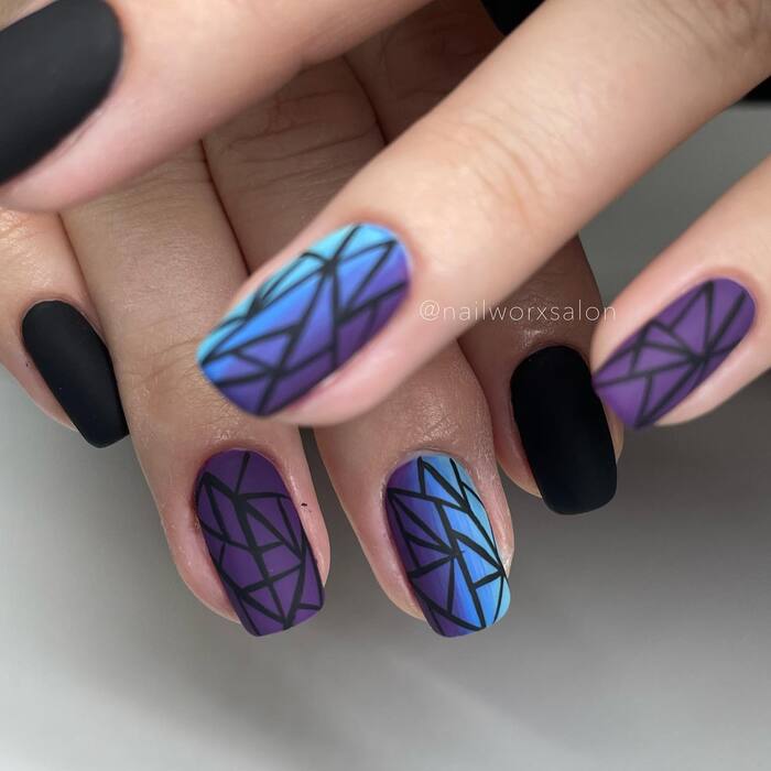 Black And Purple Matte Manicure Close-Up Image 