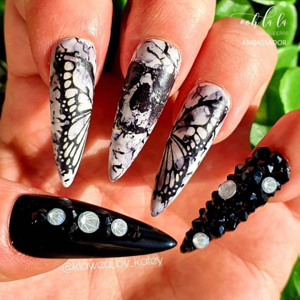 Black Butterfly on White Nails