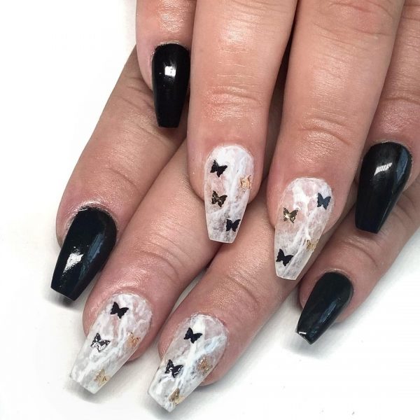 White Nails with Simple Black Paintings