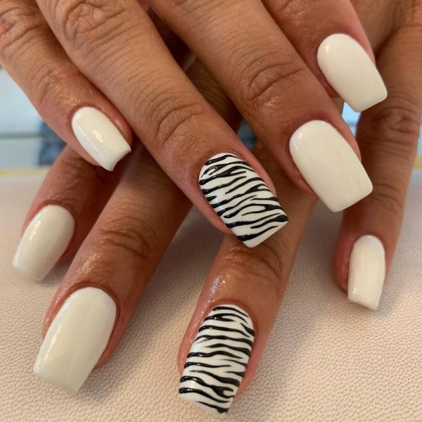 White Nails with Black Stripes
