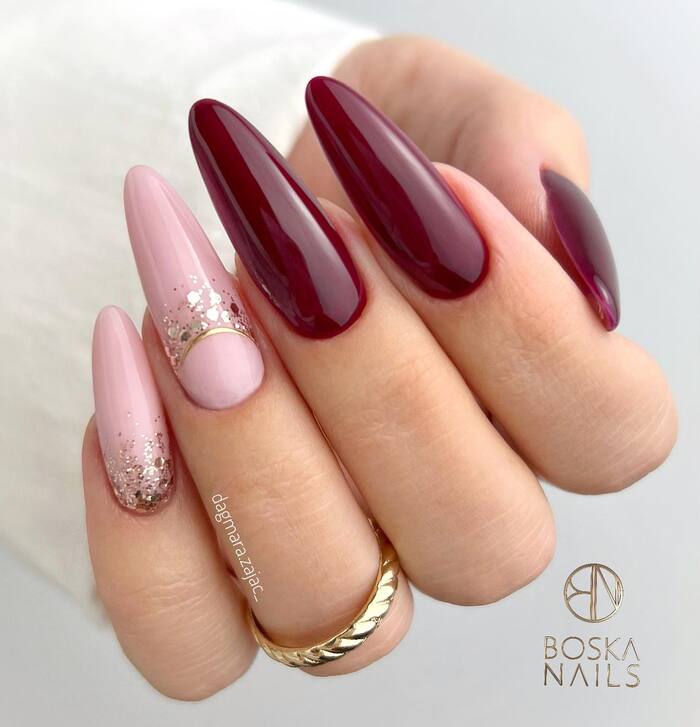 Long pink and burgundy bridal nail ard