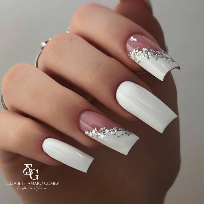 White wedding manicure with silver decor