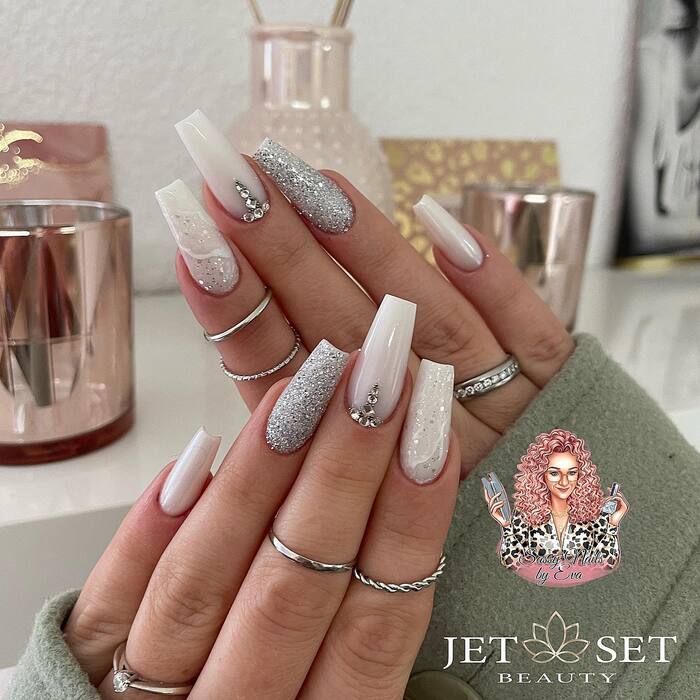White and silver bridal nails
