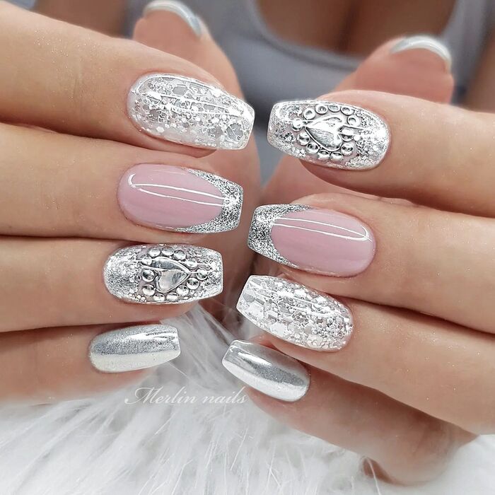 Ice-looking silver wedding manicure