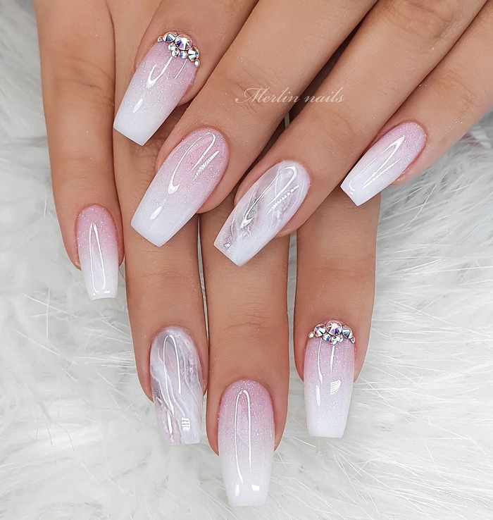Pink and white gradient glitter nails for wedding