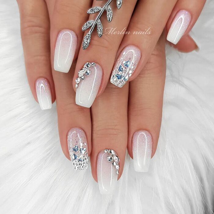 Classic ombre wedding nails with rhinestones