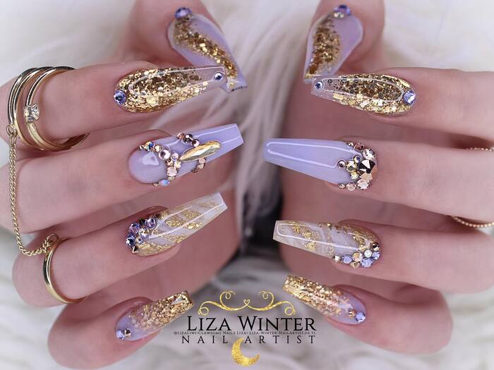 Bridal nails with lavender base and lot of gold elements