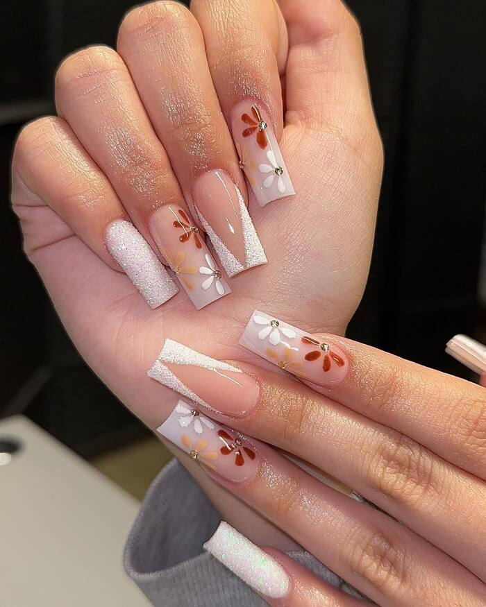 Coffin nail design in white and brown elements