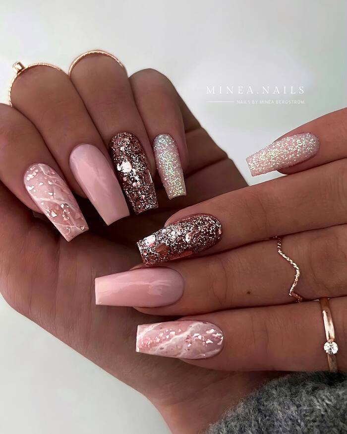Rose gold wedding nails with marble accent