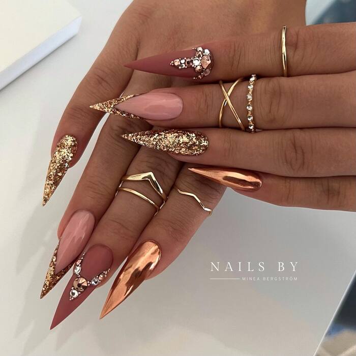 Rose gold and brown wedding nail art