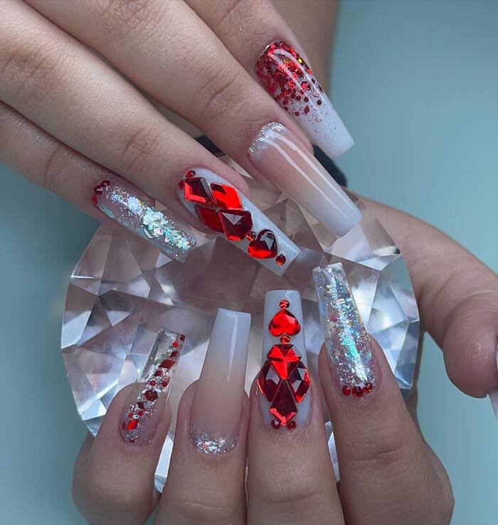 Red white and silver bridal nail design