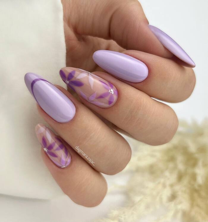 Purple wedding nail art with floristic lace