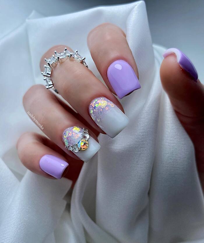 Purple and white wedding manicure with sparkles