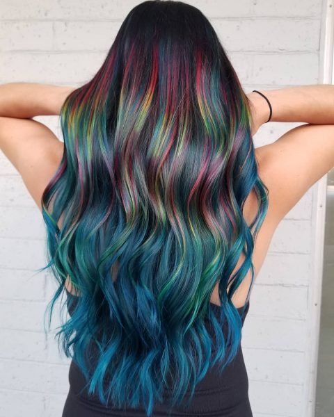 Brown hair with rainbow highlights