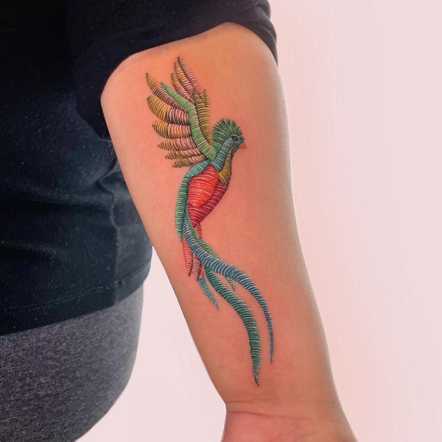 Multicolored phoenix embroidery tattoo on arm