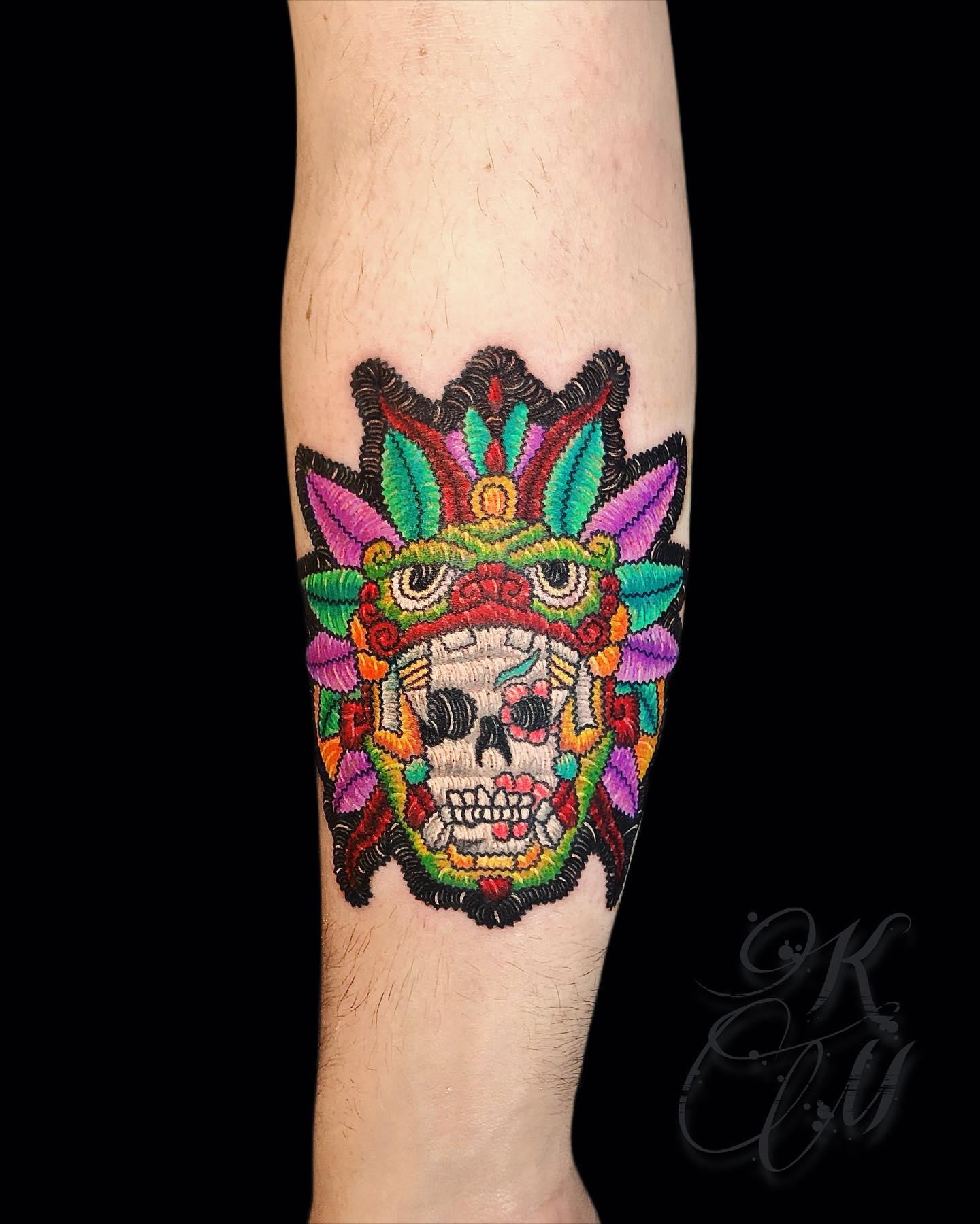 Skull with indian headgear patch tattoo