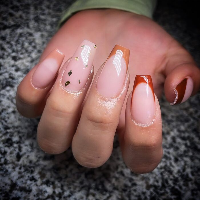 Fall Coffin Nails With French Brown And Nude Tips 