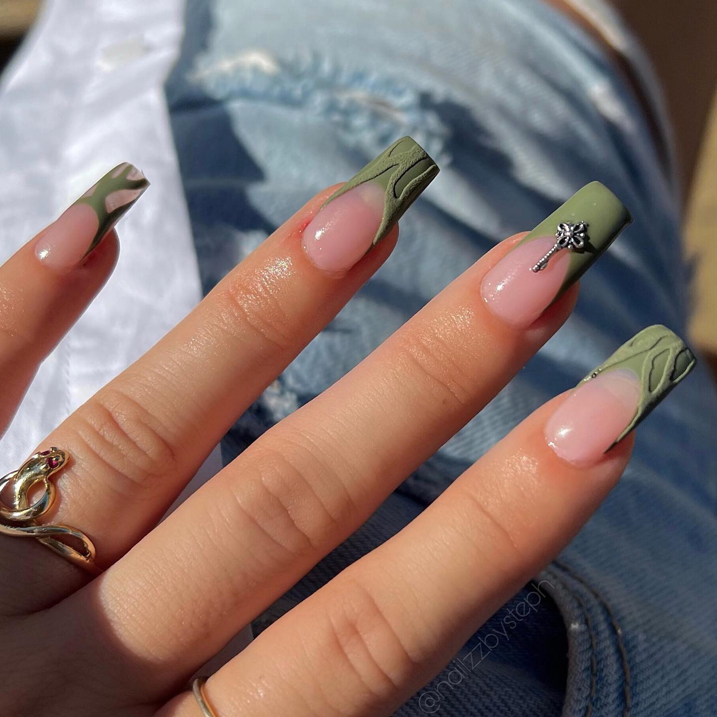 Olive Green French Tip Nails with decoration in form of small silver key