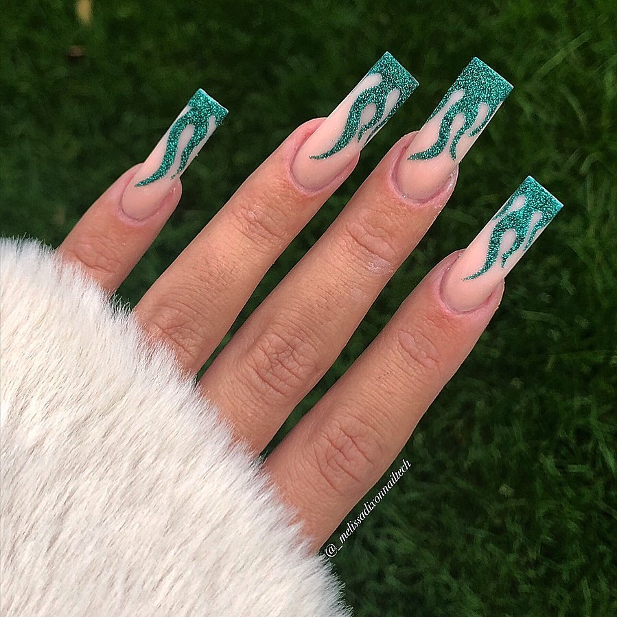 Coffin nails with Emerald Green French Tip Nails in form of flame