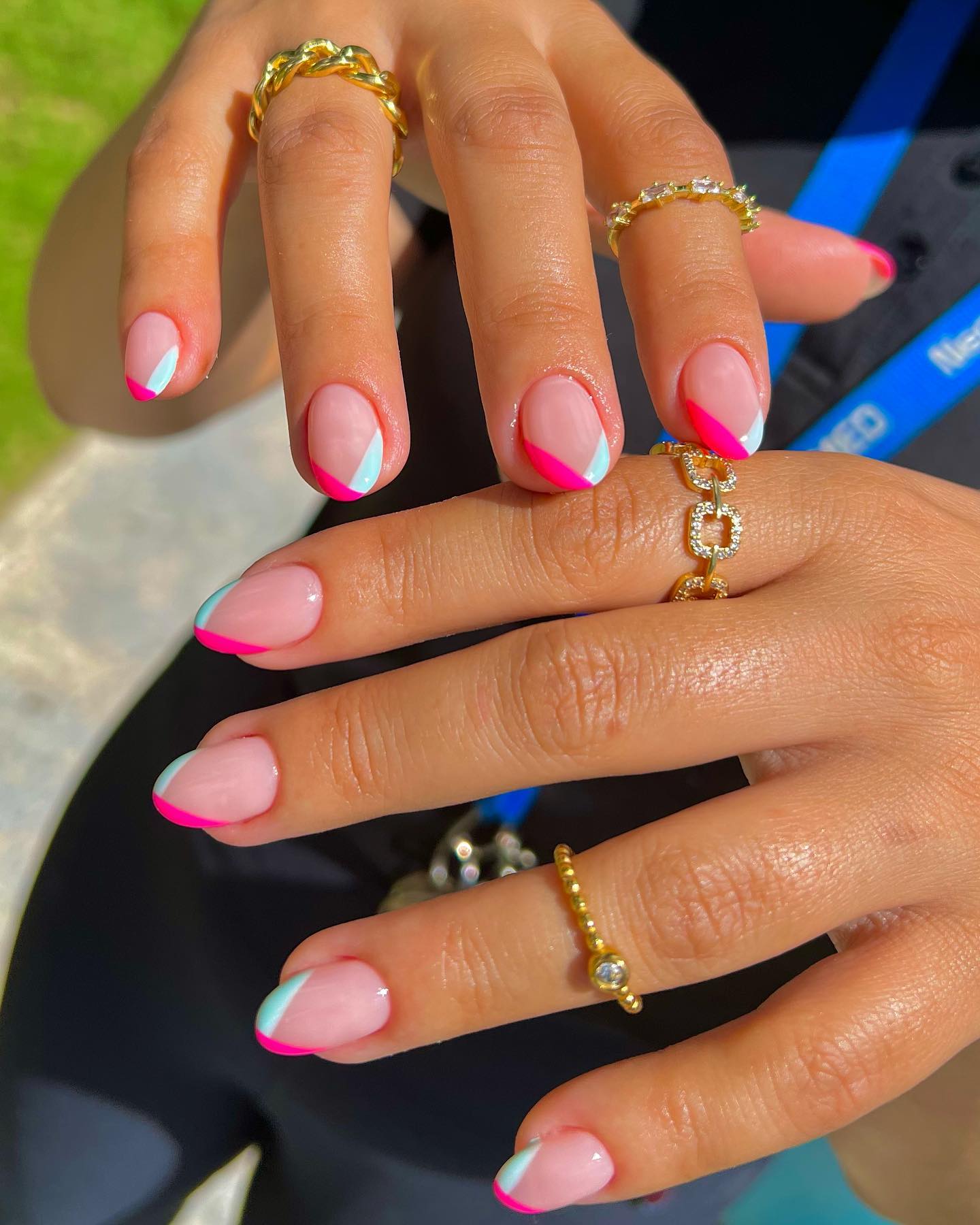Short V French Tip pink and blue Nails