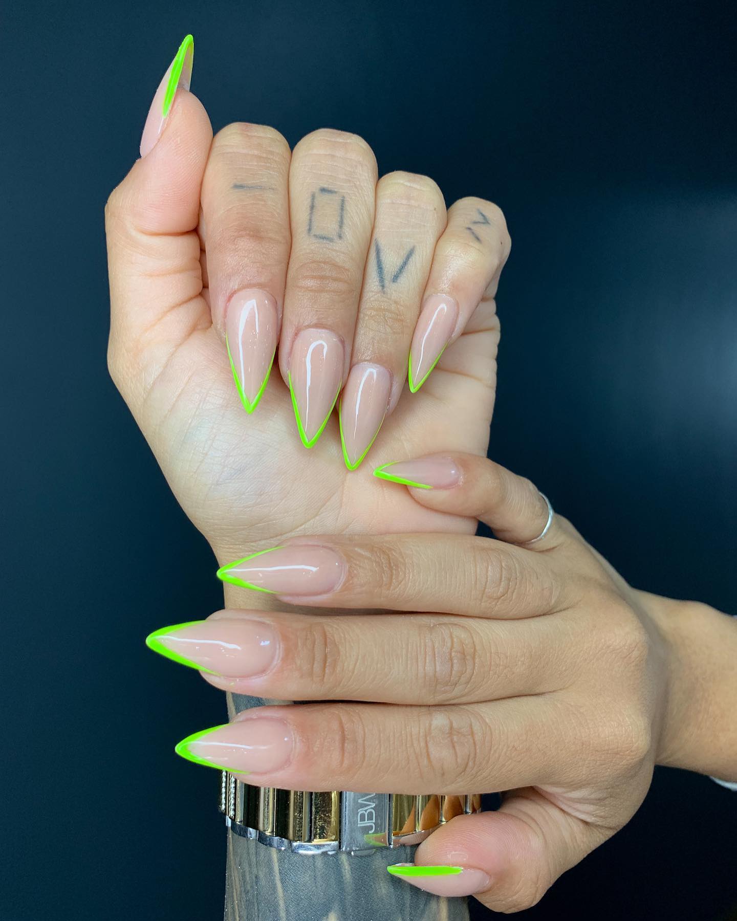 V French Tip Neon Green Stiletto Nails