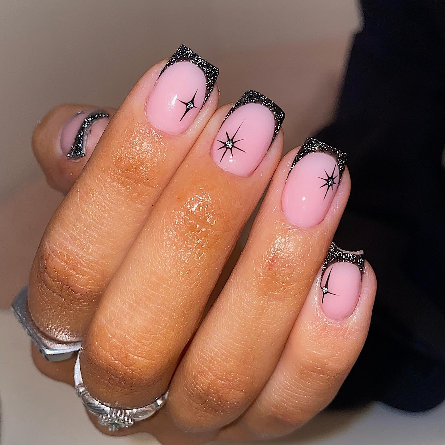 Black Glitter French Tip Nails with star design