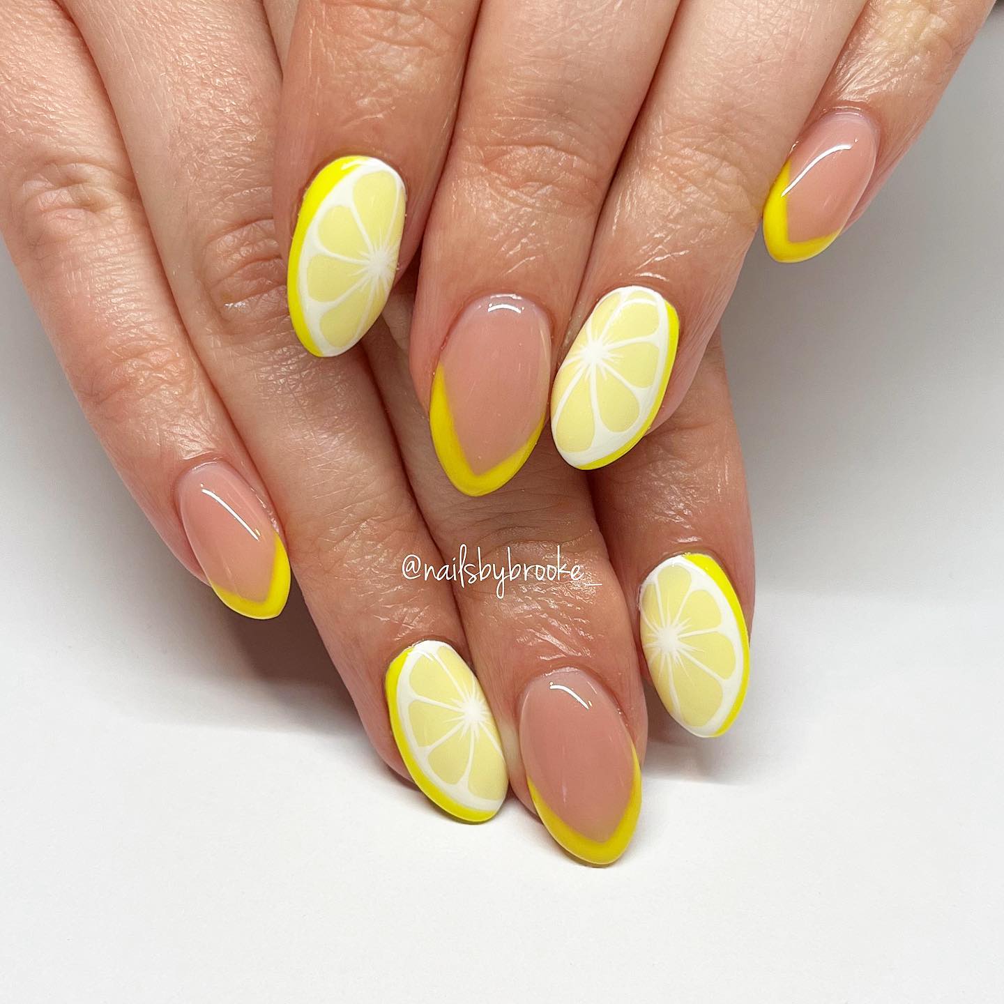 Yellow French Tip Nails With Lemon Design on main and ring nails
