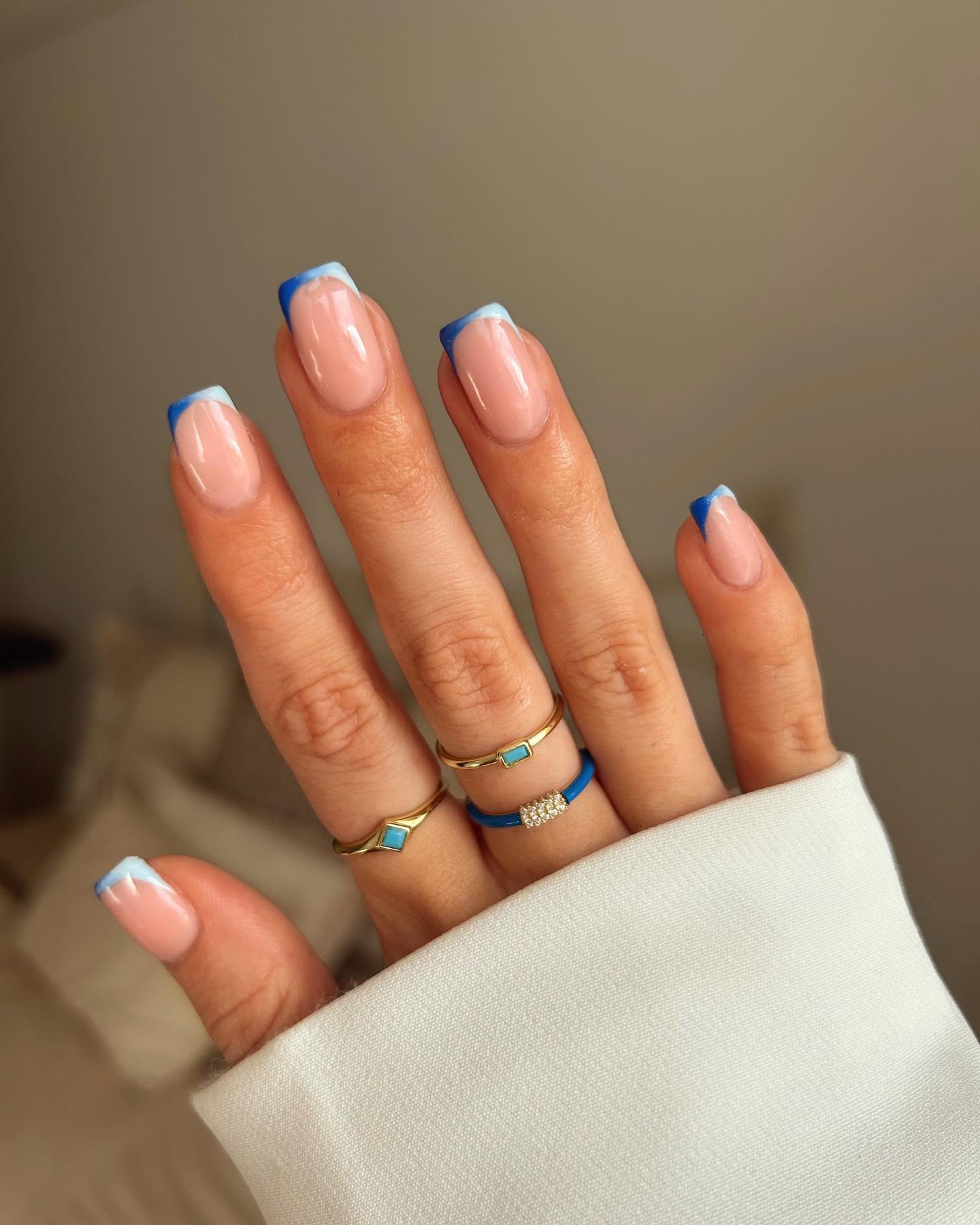 French nails with Blue and white ombre Tips