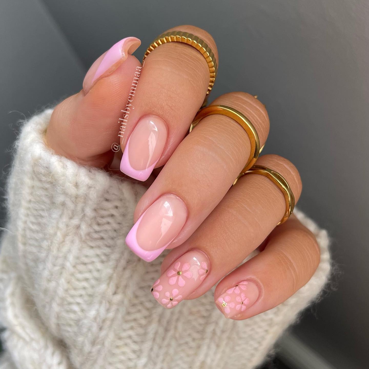 Light Pink French Tip Nails with Flowers on ring and small nails