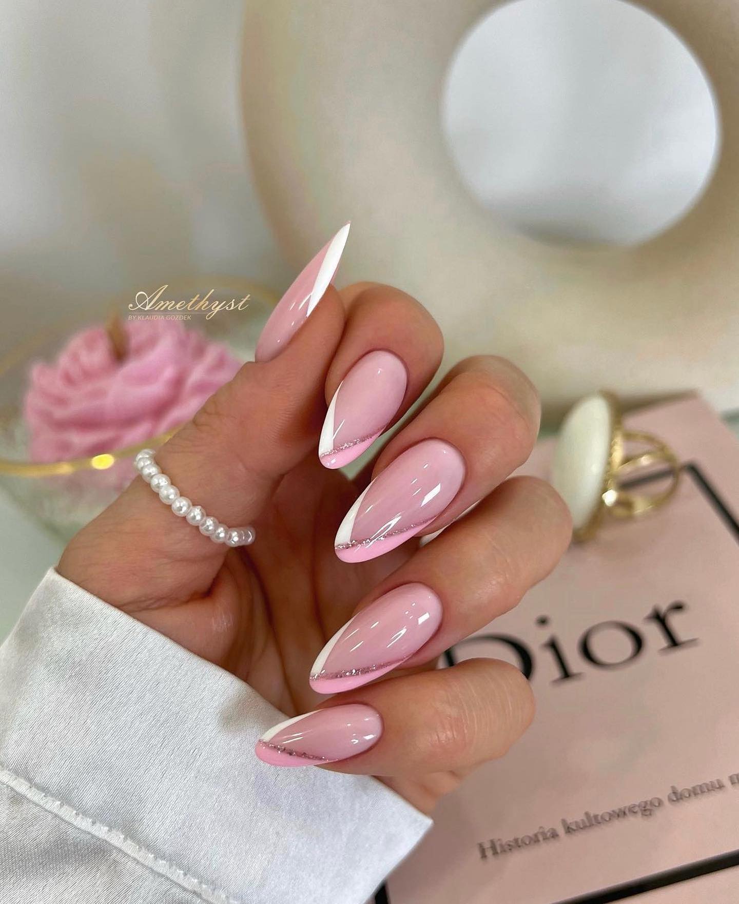 Light Pink And White V-French tip Nails With rose gold decoration