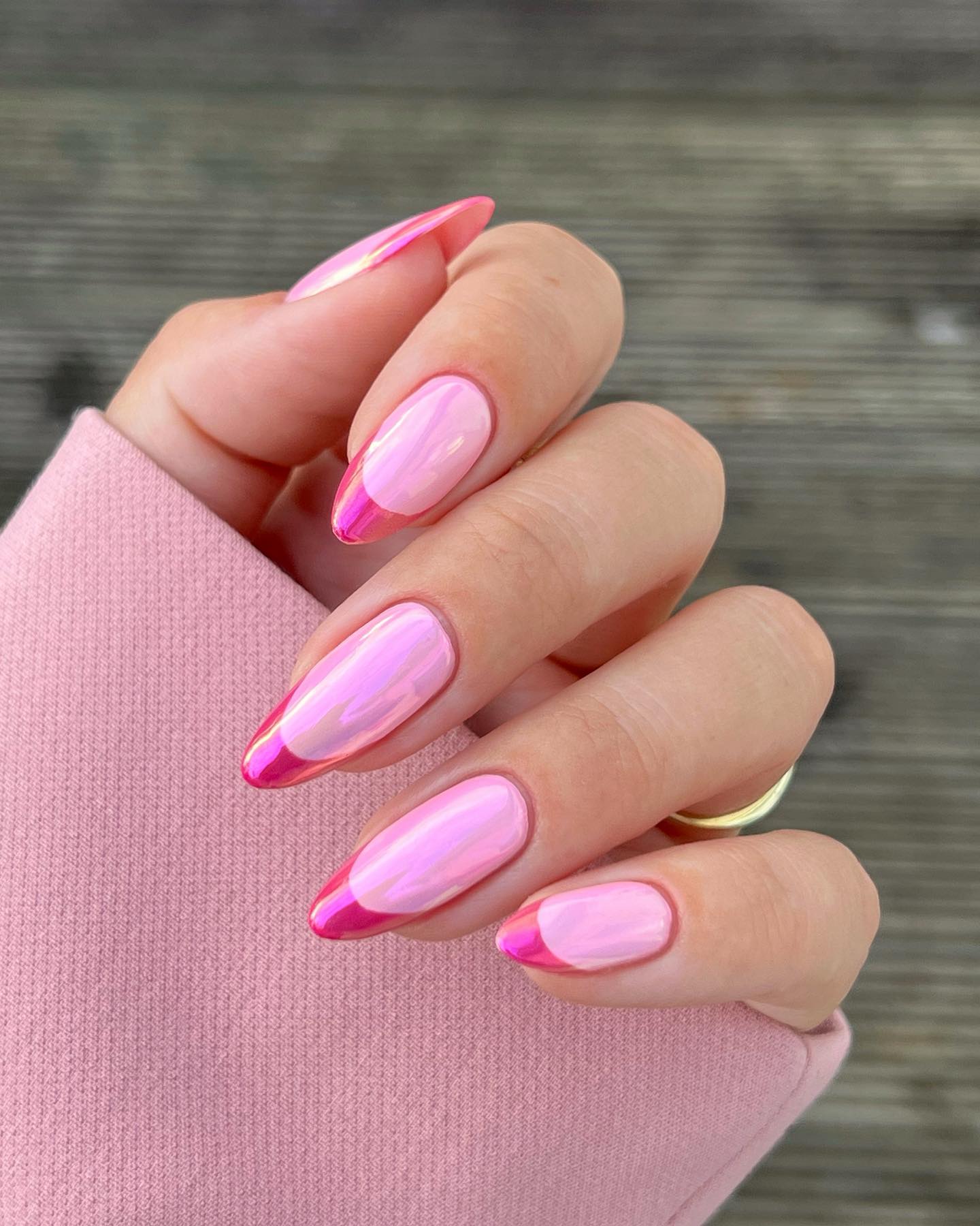 Chrome Nails with light pink base and hot pink tips