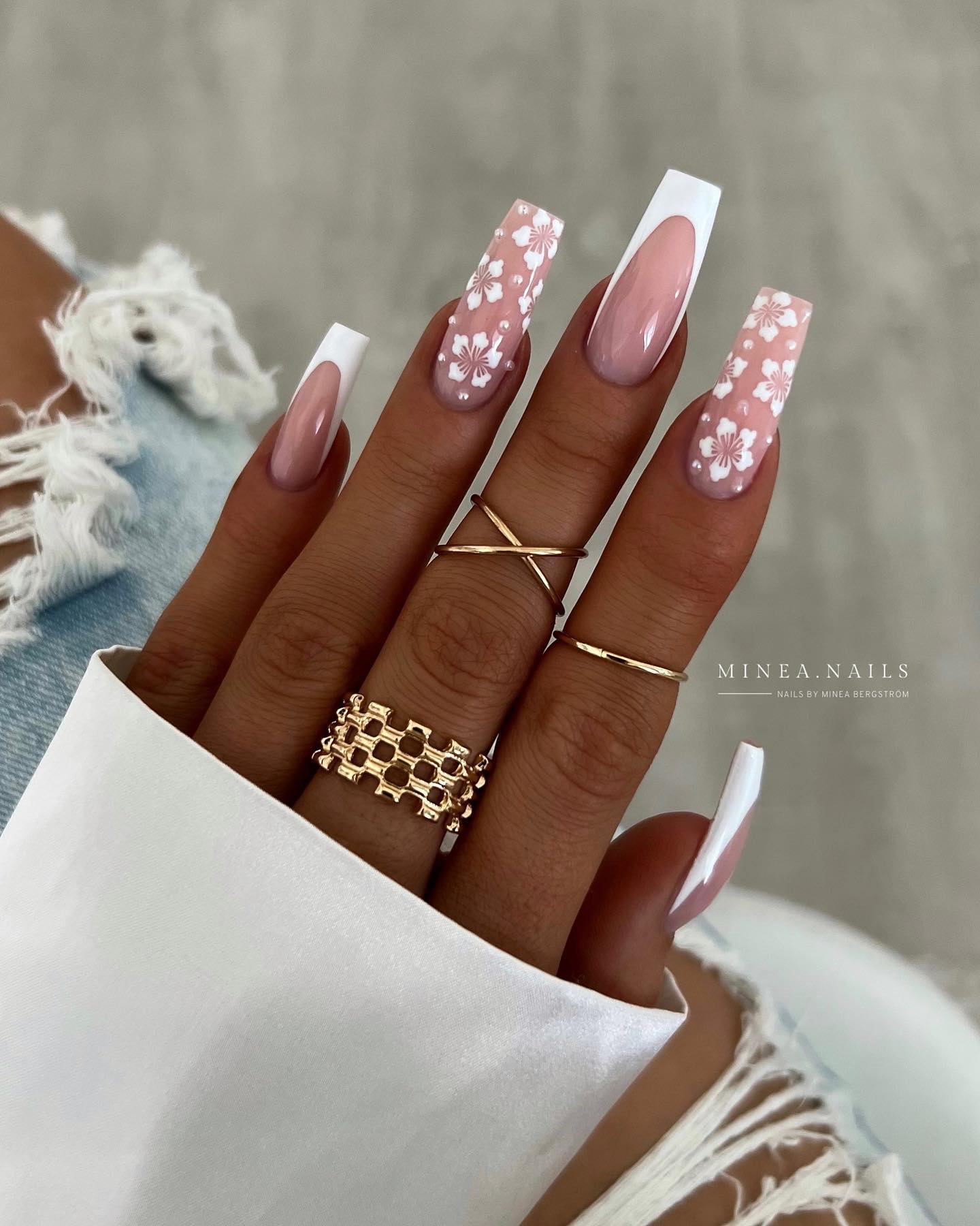 Long Coffin Nails With white french tips and floral lace design