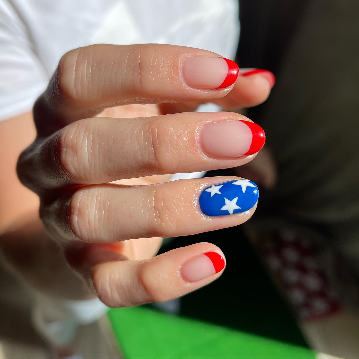 Red White And Blue French Tip Nails with white stars like USA flag