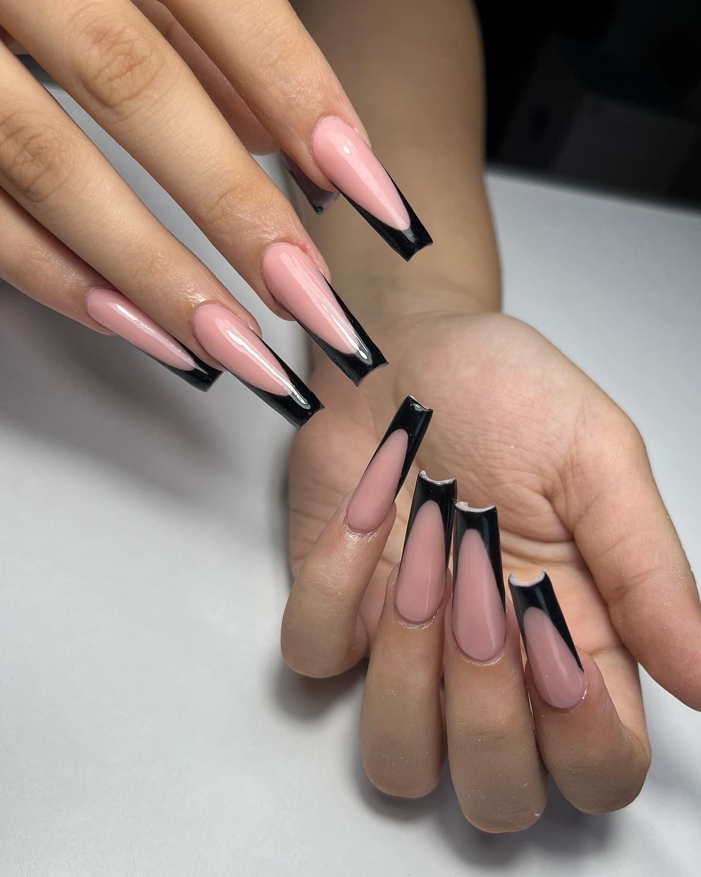 Simple Long Coffin Black French Tip Nails
