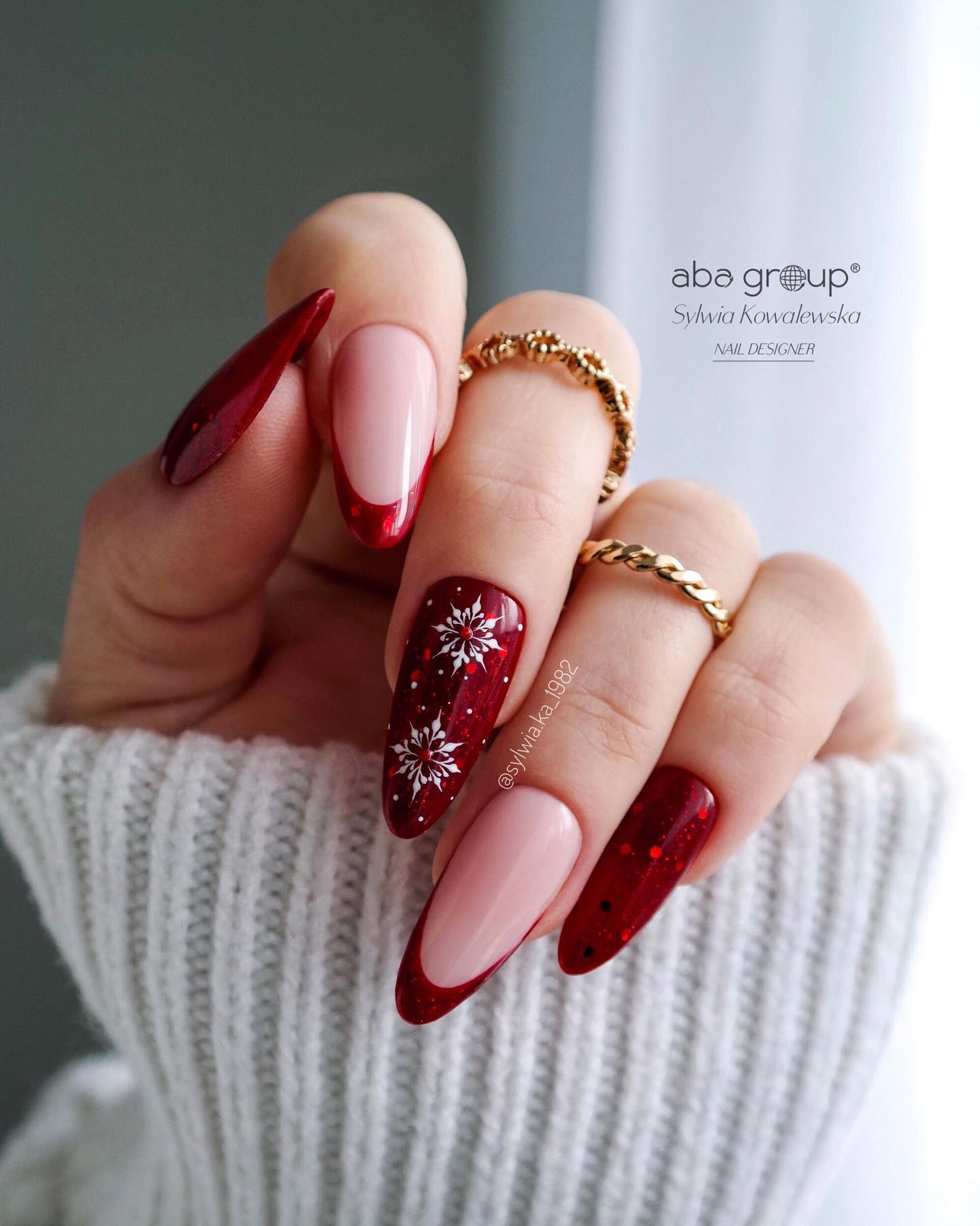Red Glitter Nails with white snowflake print