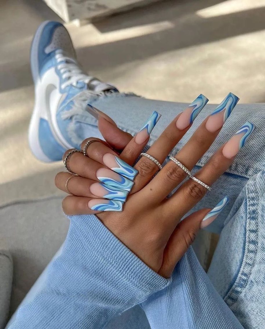 long coffin nails with blue marble french tips