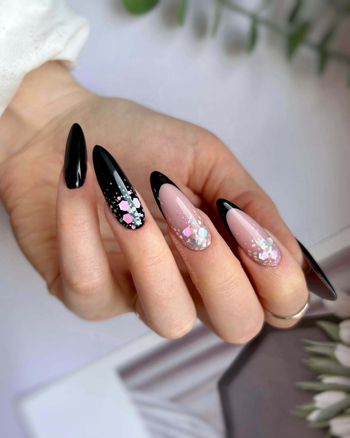 Black french tip nails with large glosses