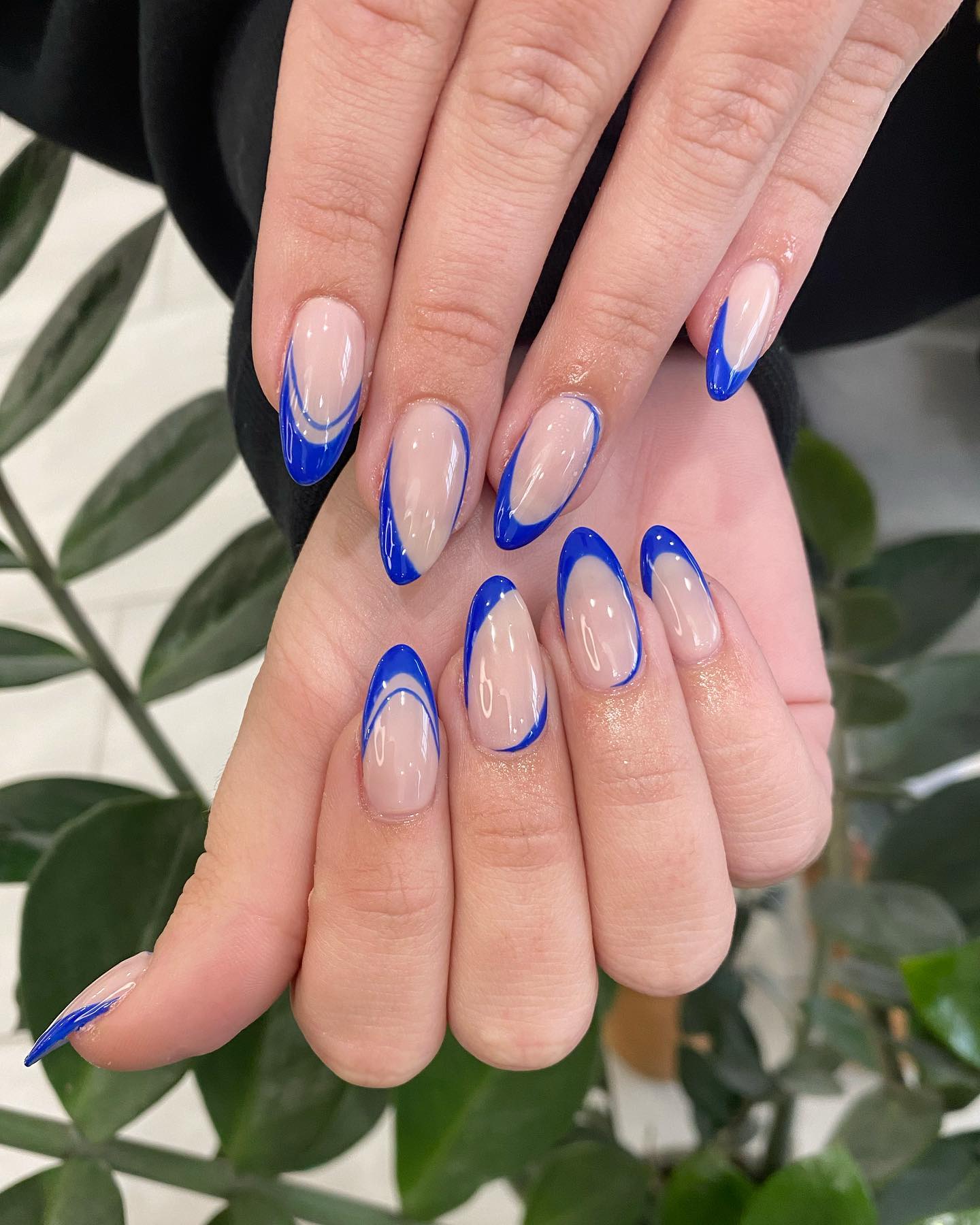 Deep Blue Almond French Tip Nails