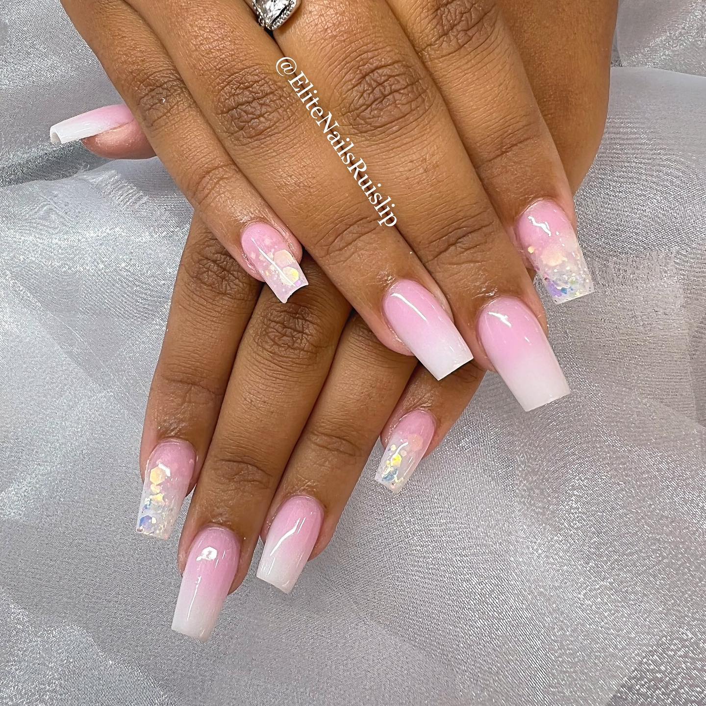 Pink and white french ombre on coffin nails