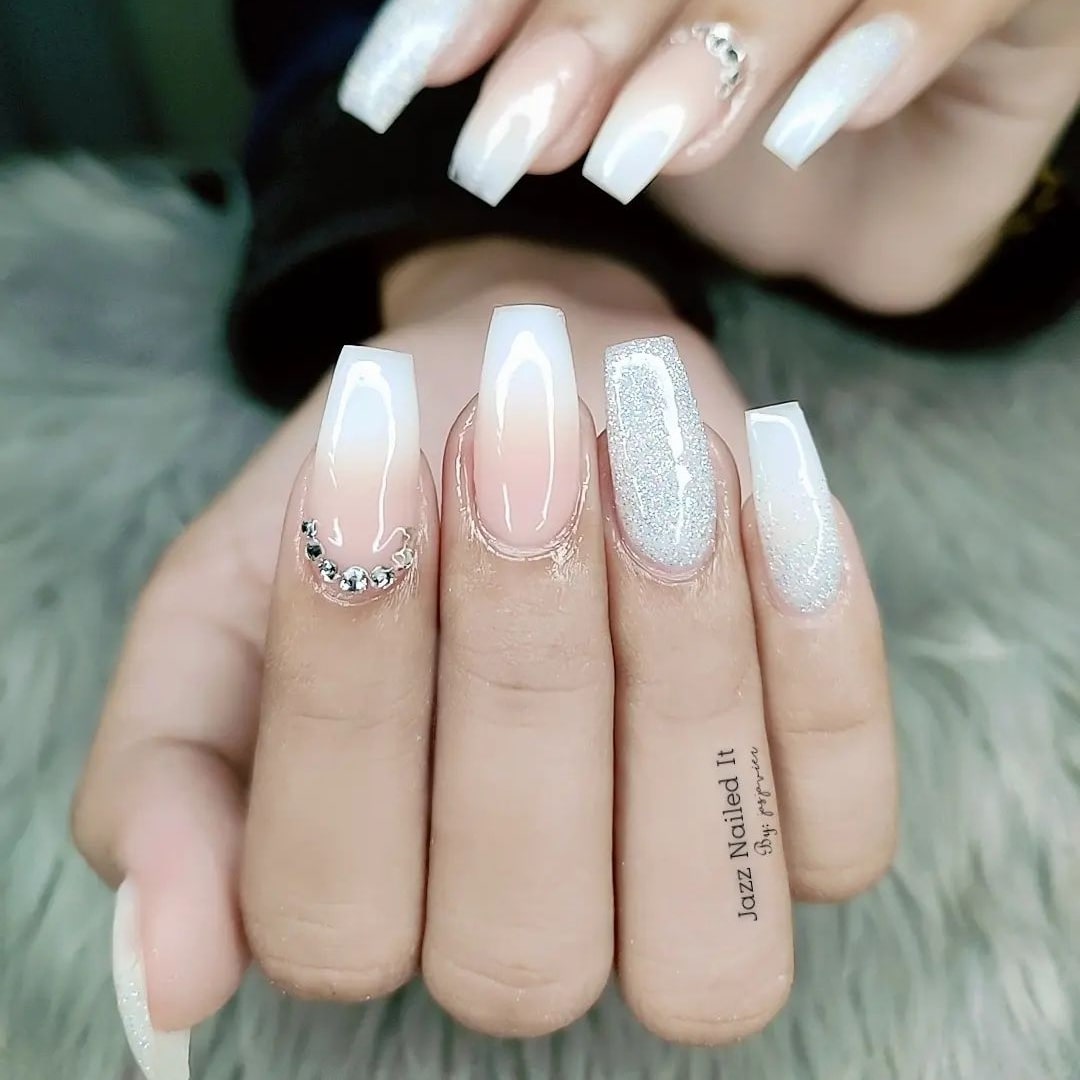 Nude ombre nails with rhinestones 