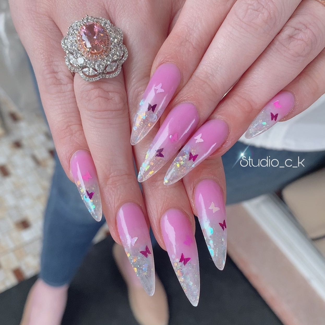 Dip french ombre nails with shining butterflies