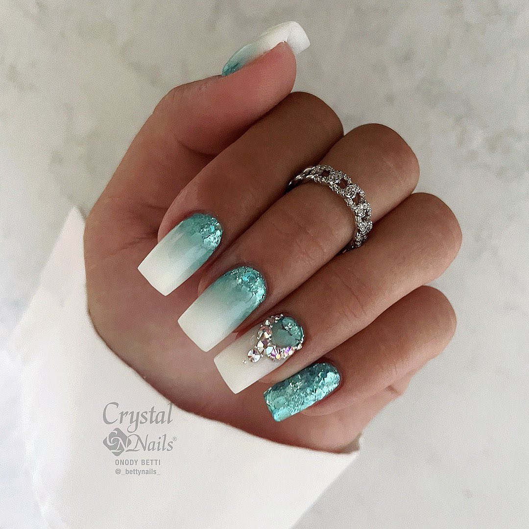 Green ombre nails with white french tips