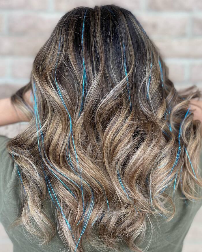 Balayage Hair with Blue Tinsel